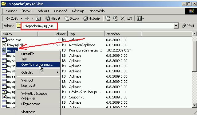Úprava konfigurace MySQL serveru: Jakmile je datová složka překopírovaná, je třeba na docházkovém serveru upravit konfigurační soubor C:\Apache\Mysql\Bin\my.