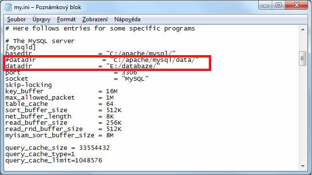 V souboru vyhledáte v sekci [mysqld] řádek s textem datadir = "C:/apache/mysql/data/" Tento zápis je třeba upravit na novou cestu k datové složce na šifrovaném disku.