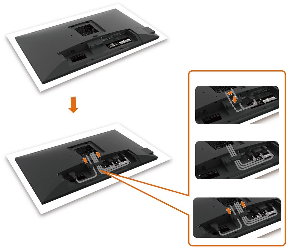 Instalace monitoru Vedení kabelů POZOR: Položte monitor na rovný, čistý a měkký povrch, aby se zabránilo poškrábání zobrazovacího panelu.