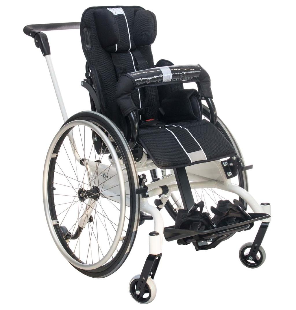 Velká zadní kola vozíku jsou vybavena obručemi a mají náklon pro snazší ovládání dítětem, což napomáhá jeho rozvoji a samostatnosti. Sedací systém je zároveň polohovací a nastavitelný.