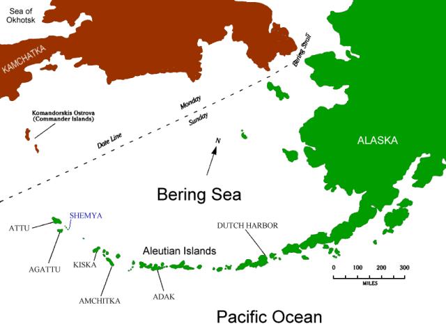 Jižní pásmo od západu: Aleutské ostrovy (Aleutian Islands / Алеутские острова) Klasický oblouk vulkanických ostrovů Délka cca 2 500 km (v