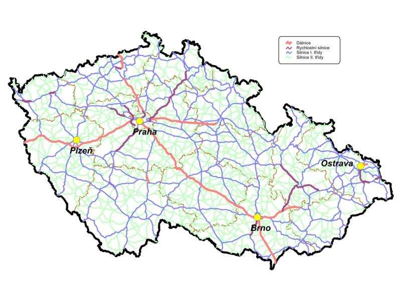 3.2. Obrázek 2: Silniční síť ČR Na obrázku je zakresleno dosavadní zmapování silniční sítě. Růžová barva znázorňuje dálnice, fialová barva rychlostní silnice, modrá barva silnice I.