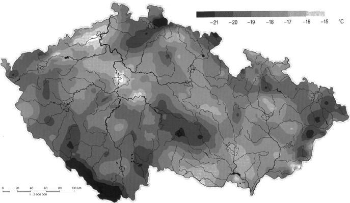 Průměrné minimální teploty v ČR 50/97 Čtyřicetiletý průměr