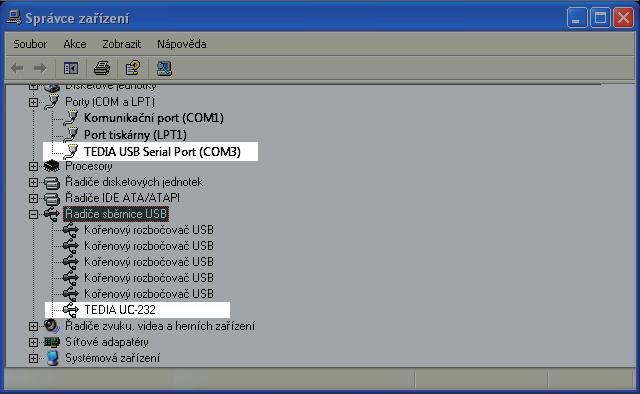 8) Systémový ovladač a virtuální COM port je nyní nainstalován. Korektní instalaci můžete ověřit pomocí Správce zařízení podle Obr. 9 (vyžaduje připojený USB konvertor).