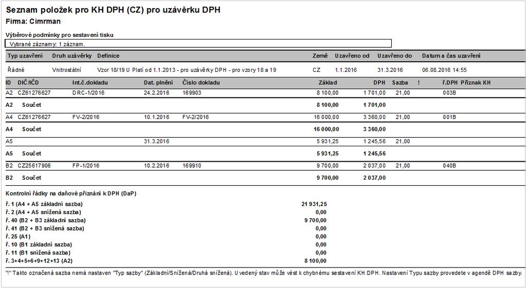 Nabídka reportů v agendě Uzávěrek DPH pro KH DPH i DPH přiznání.