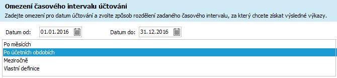Výběr časového omezení pro napočítání účetních dokladů do výkazů, vybereme rok od 1.1.2016 do 31.12.2016 a např. Po účetních obdobích.