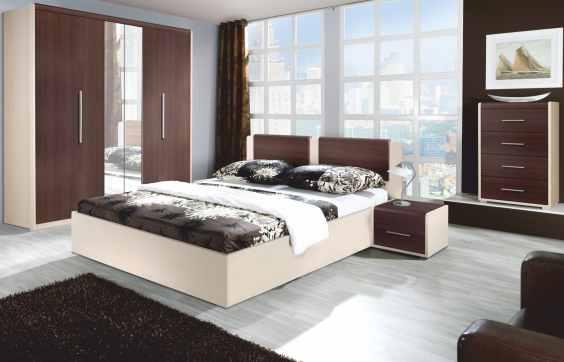 Postel Montana MT31 - plocha lůžka: 160x200cm, vnější rozměr (ŠxDxV): 180x205x38/95 cm, skříň Montana MT21 se zrcadlem 5-dveřová (ŠxHxV):