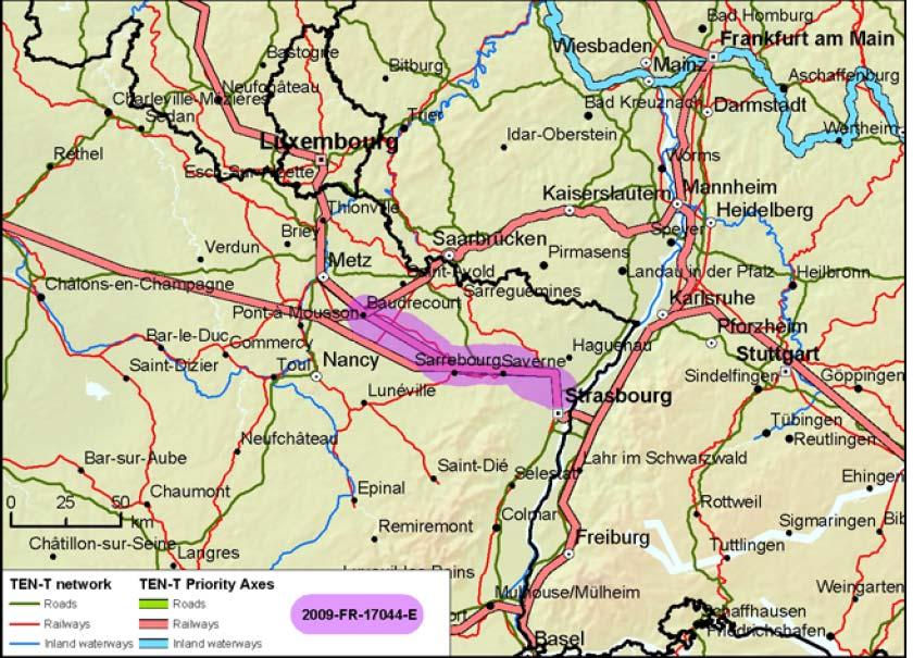 Trasa 2.fáze výstavby LGV Est: Trasa Projektem bude dotčeno 63 katastrálních území, 43 v regionu Lorraine a 20 v Alsace.
