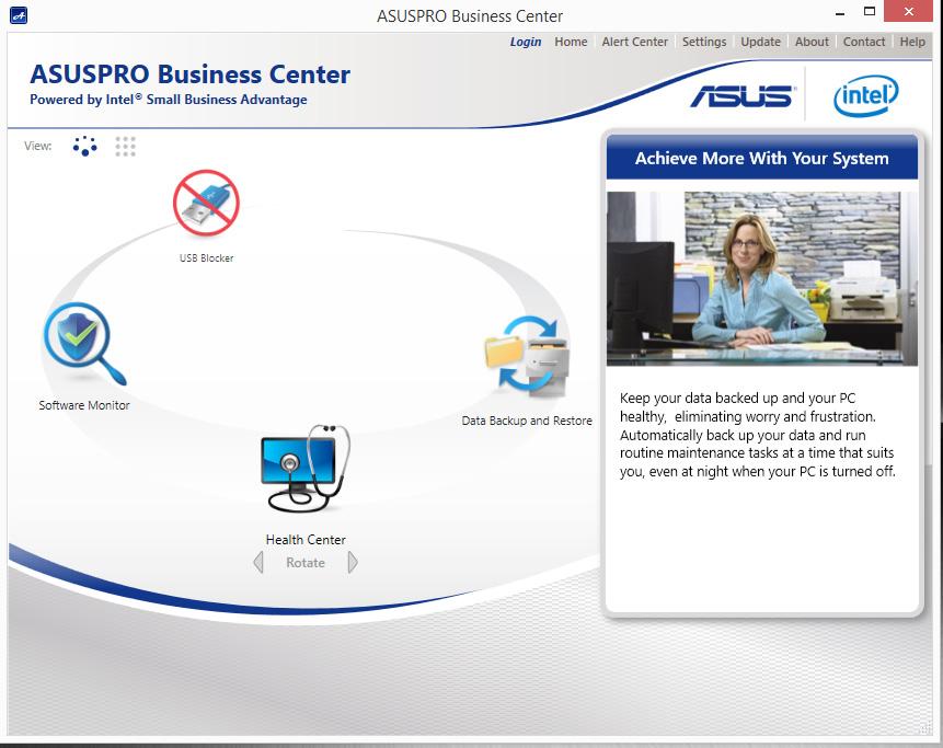 ASUSPRO Business Center - hlavní obrazovka volby nabídky Klepnutím na