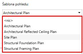 Rozbalovací nabídka obsahuje seznam všech šablon v souboru Revitu, což umožňuje uživateli snadno generovat pohledy založené na konkrétních šablonách, což zvyšuje efektivitu při dodržování konkrétních