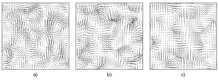 Ilustrace 5.1: Helmholtz-Hodgeova dekompozice a = b c: a) konzervativní pole, b) pole vzniklé aplikací difúze a zpětným sledováním částic, c) pole gradientů. Soustavu rovnic (4.1) a (4.
