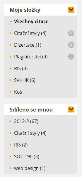 Správa složek systém umožňuje ukládat citace do složek složky lze sdílet s jinými uživateli soukromá URL adresa sdílení na konkrétní uživatele nově lze zakládat víceúrovňové složky ikona pro