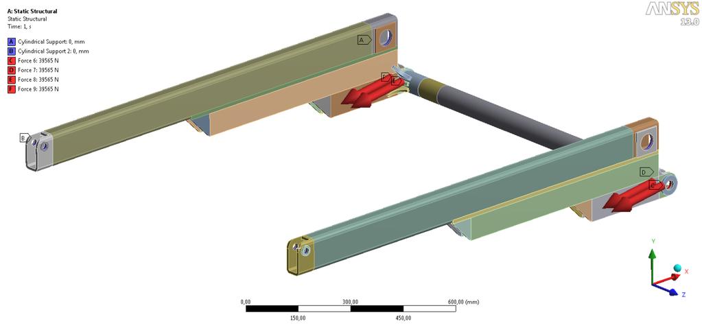 PEVNOSTNÍ ANALÝZA MKP Obr. 36 Vytvořená síť na upravených spojených ramenech hydrauliky 5.1.1 ZÁTĚŽOVÝ STAV 1 POČÁTEK VYSÝPANÍ Tento zátěžový stav nastává při počátku sklápění plně naloženého přívěsu.