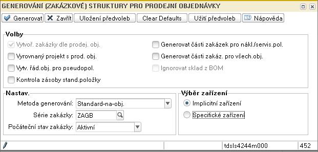 STO proces krok 2 2. Vygenerování zakázky a vrcholové STO zakázkové položky Je vygenerována zakázka s nezaškrtnutou volbou Konstr.(TPV) povolena tj.