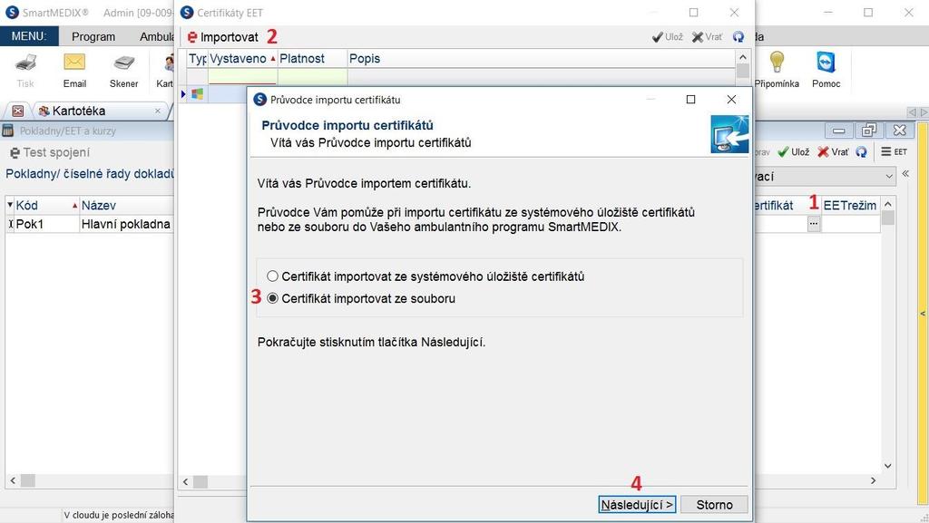Dále určete cestu k certifikátu a zadejte heslo. Dokončete import, vyberte certifikát a záznam pokladny se tak stane úplným. Režim EET běžný se doplní automaticky s uložením.