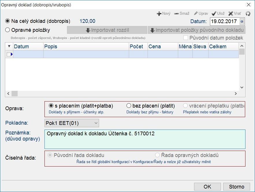 Vystavení dokladu probíhá z Finance/Doklady vystavené. Na tlačítko Opravný se zobrazí formulář: Nejjednodušší variantou je volba Na celý doklad.