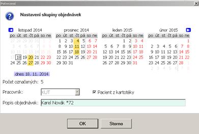 V plánovači lze rovněž využít hromadné objednávání jednoho pacienta na více termínů. Povoluje se v pravém panelu a slouží k objednání několika návštěv vybraného pacienta v jednom kroku.