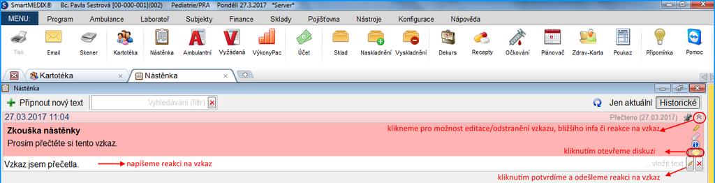 Odeslání okna programu na nástěnku U každého zobrazeného okna programu je v levém horním rohu jeho záhlaví (modrý pruh s názvem okna) umístěna malá ikona daného okna.