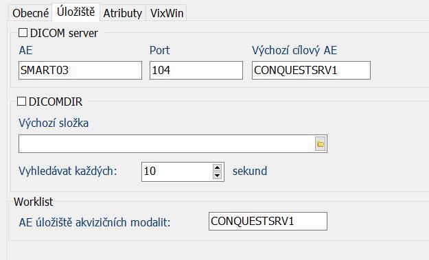 AE je jedinečný název aktuálního SmartMEDIXu v rámci lokální sítě. Port=104 je standartní port vyhrazený pro DICOM.