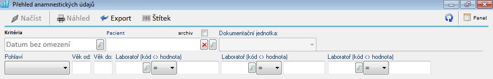 Anamnestické údaje Umístění záložka Ambulance -> Přehledy -> Anamnestické údaje Součásti přehledu menu s ikonami - slouží k ovládání základních funkcí přehledu obecné filtry -