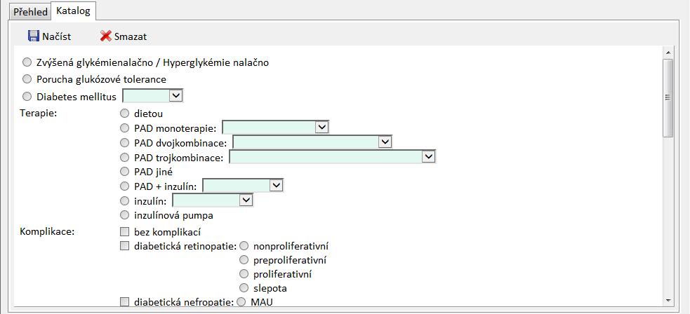 Funkce tlačítek: Načíst - umožní načíst šablonu strukturované anamnézy pro zadání filtrovacích kritérií Smazat - vymaže obsah formuláře v načtené šabloně Textová anamnéza - je prostý text, který