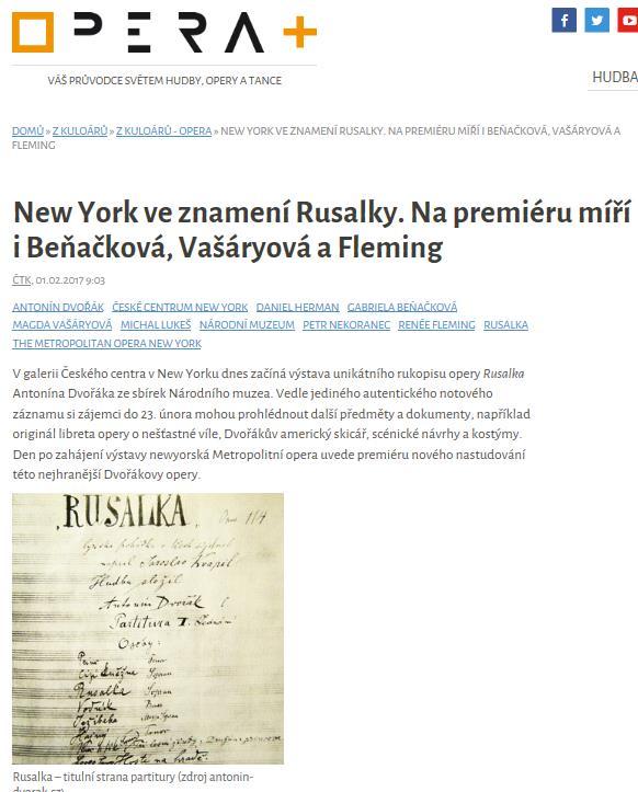 Opera Plus New York ve znamení Rusalky. Na premiéru míří i Beňačková, Vašáryová a Fleming Datum: 1.