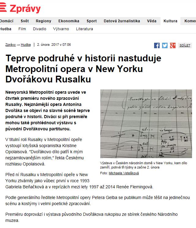 Český rozhlas Teprve podruhé v historii nastuduje Metropolitní opera v New Yorku Dvořákovu Rusalku Datum: 2.