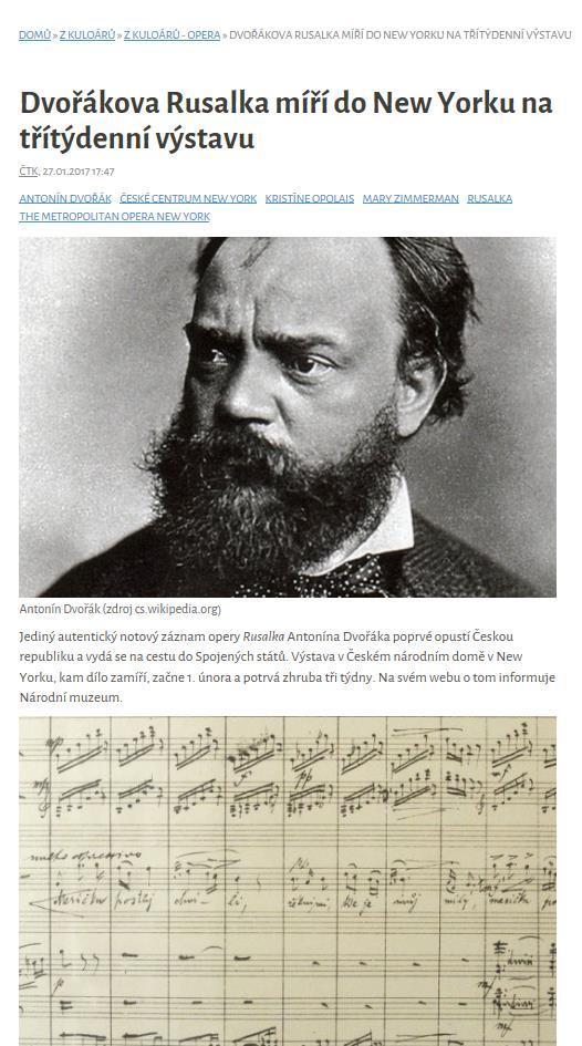Opera plus Dvořákova Rusalka míří do New Yorku na třítýdenní výstavu Datum: 27. 1.