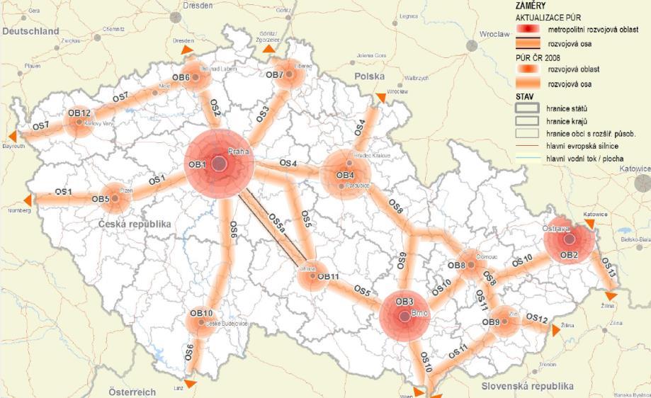 VRT a rozvojové osy ČR Rozvojové osy podle politiky územního rozvoje zahrnují obce, v nichž existují nebo lze reálně očekávat zvýšené požadavky na změny v území, vyvolané dopravní vazbou na