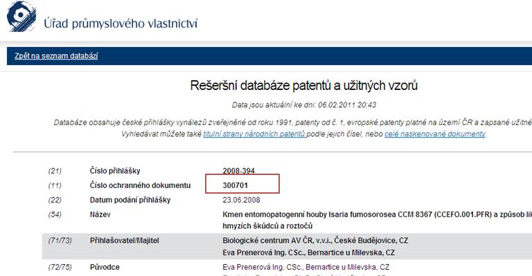 Číslo přihlášky Číslo patentu Chybný druh výsledku