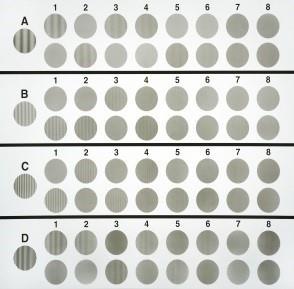 test, který obsahuje 8 řádků po 6 písmenech, jejichž velikost se nezmenšuje, jak je tomu u optotypů pro měření zrakové ostrosti (viz kapitola 4), ale po trojicích se snižuje kontrast písmen.