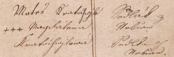 Kopie podpisu Matěje Kratochvíla, sedláka z Vrbčan, *1752, v té době měl grunt č.p.27.