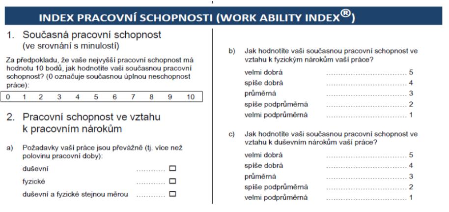 WORK ABILITY INDEX TM Dotazník hodnotící pracovní schopnost daného pracovníka, který vede k číselnému skóre Byl přeložen do 29 jazyků, implementován v řadě zemí po celém světě, stal se metodologickým