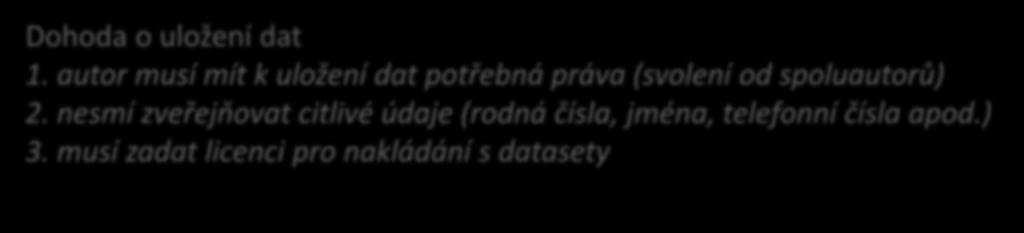 Předání metadat a datasetu ke kontrole, souhlas s dohodou o zveřejnění