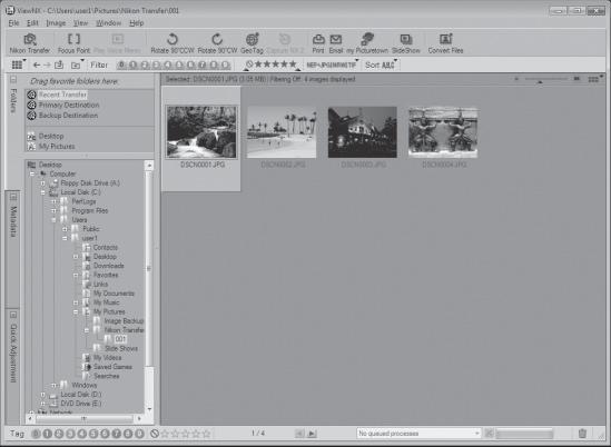 Připojení k počítači Ve výchozím nastavení programu Nikon Transfer se po dokončení přenosu automaticky spouští prohlížeč ViewNX. Přenesené snímky si pak můžete prohlédnout.