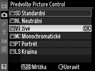 V režimech P, S, A a M můžete zvolit předvolbu Picture Control v závislosti na fotografovaném objektu nebo typu scény (v ostatních režimech zvolí fotoaparát předvolbu Picture Control automaticky).