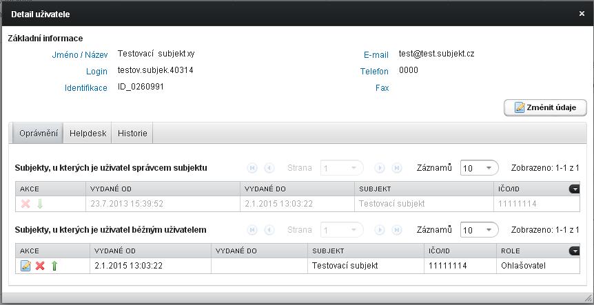 účtu po otevření Detailu ve Správě uživatelů -> Změna uživatele a klikne na akční