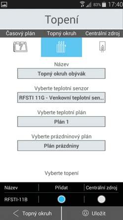 2. Topné okruhy (otopné místnosti), ke kterým časové plány můžete přiřadit. Stiskněte tlačítko Topný okruh, vpravo dole tlačítkem Přidat vytvoříte nový Topný okruh.