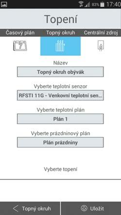 Některé prvky mají dva teplotní senzory - interní a externí vyberte požadovaný*. Vyberte teplotní plán z nastaveného menu. Vyberte prázdninový plán z nastaveného menu.