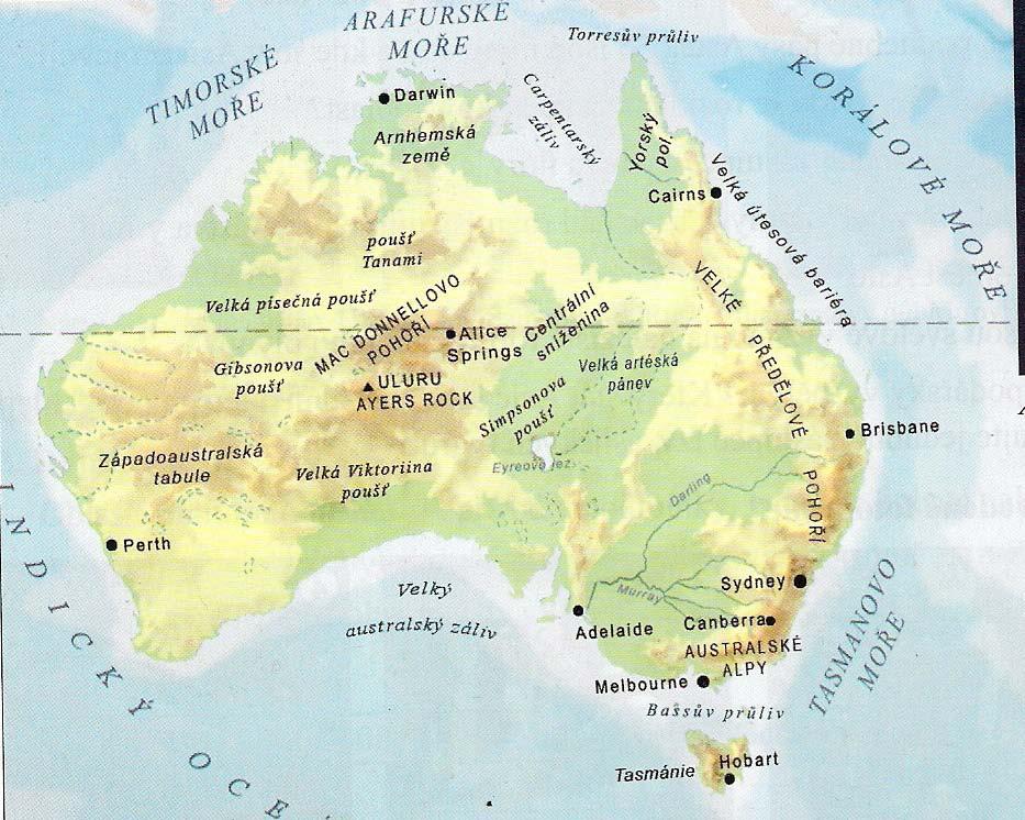 4. 7. AUSTRÁLIE Břehy Austrálie omývají na západě a na jihu vody Indického oceánu a na východě vody Tichého oceánu. Austrálie má málo členité pobřeží.