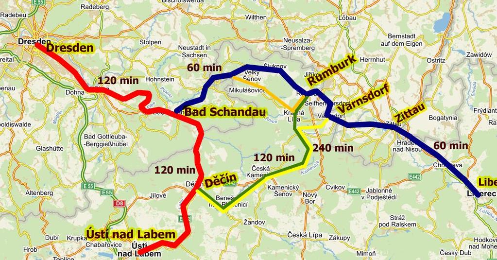 Uvažované linkové vedení Provázání obou linek v Bad Schandau umožní realizaci přímého spojení pro významné meziregionální