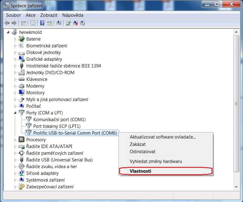 ) 3) V operačním systému Windows zvolte: Start -> Ovládací panely -> Systém -> Správce zařízení.