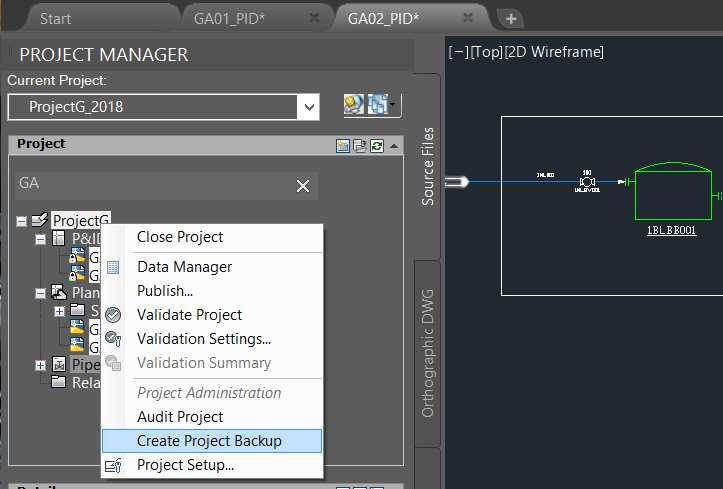 4. Zálohování projektu V libovolném projektu Plant 3D (SQLite, SQL Server, Vault,