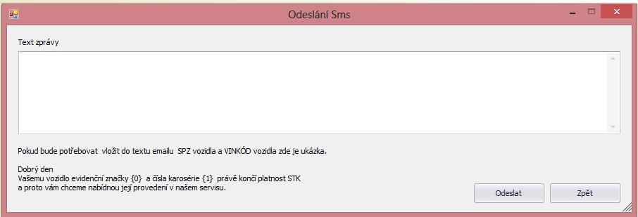 Klikem na Odeslat SMS můžeme SMSky odeslat vyplněním textu