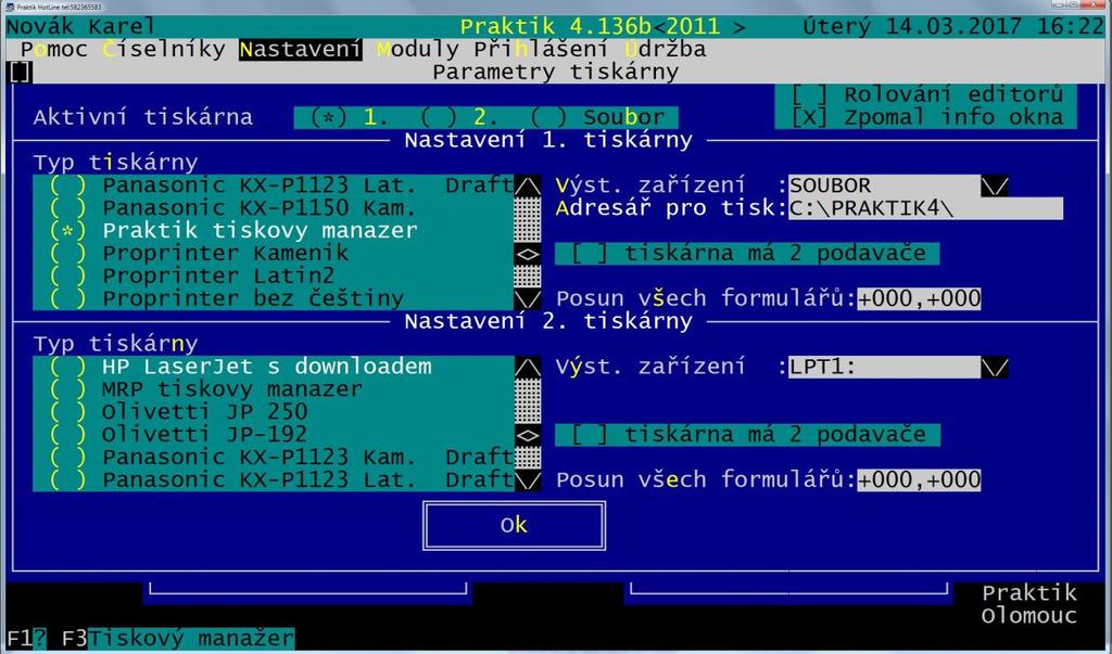 adresář pro tisk - po stisku F3 se nastaví C:\PRAKTIK4\ (písmeno disku je závislé na tom, na jakém disku máte nainstalován Praktik).