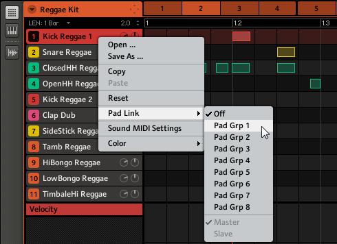 V Pattern Editoru klikněte pravým tlačítkem ([Ctrl]+click u Mac OS X) na požadovaný zvuk a zvolte podnabídku Pad Link ve vyjetém menu.