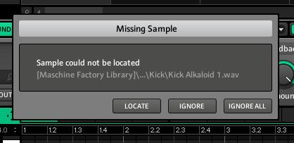 Dialog Missing Sample, díky kterému vyhledáte scházející samply. Zvuky, odpovídající odkazům na scházející samply jsou označeny vykřičníkem.