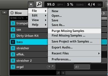 Položky Purge Missing Samples a Find Missing Samples v submenu File, menu Plug-in. Volbou Purge Missing Samples odstraníte všechny zvuky se scházejícími samply z projektu.
