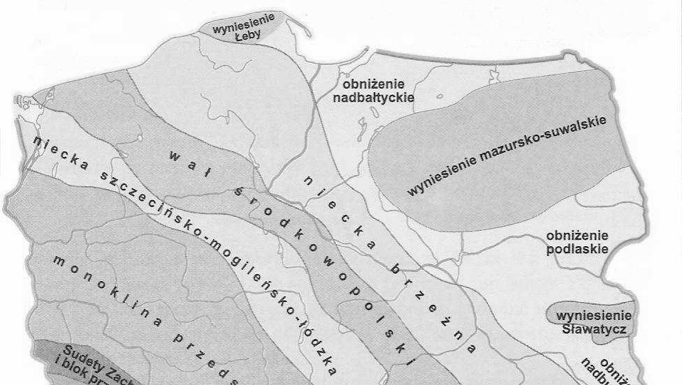 Obr. 4 Tektonická mapa Polska (Zdroj: Plit F. a kol.: Polska v dobie przekstałceń, WSIP Varšava, 1997) 2.