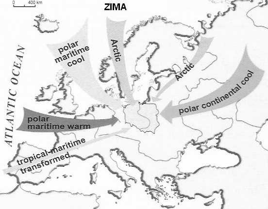 4. Klima 4.1 Vzduchové hmoty Polsko se nachází v mírném podnebném pásu se značnou proměnlivostí klimatu způsobenou výskytem frontálních rozhraní.